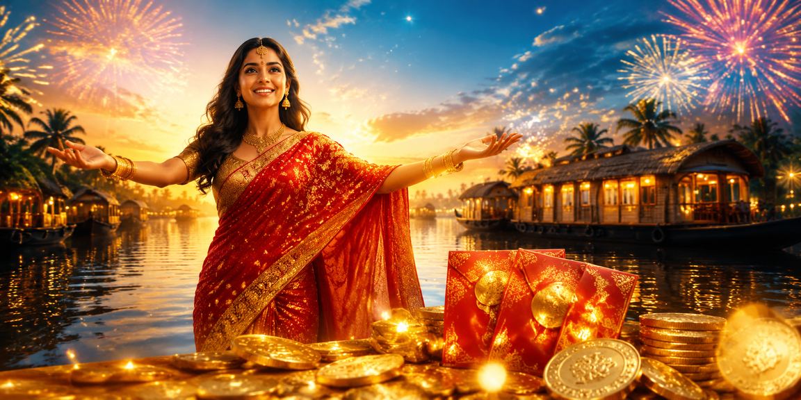 Kerala backwaters with red envelope bonus and festive atmosphere