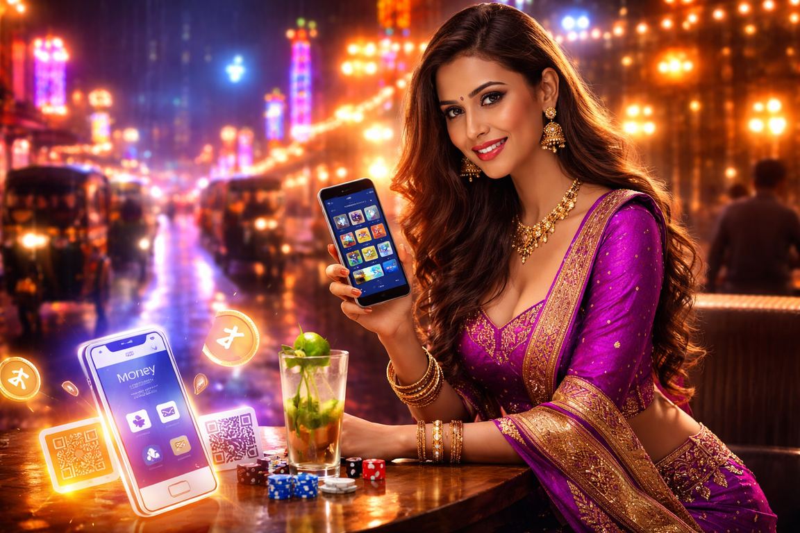Mobile payment app interface on smartphone in Mumbai city lighting